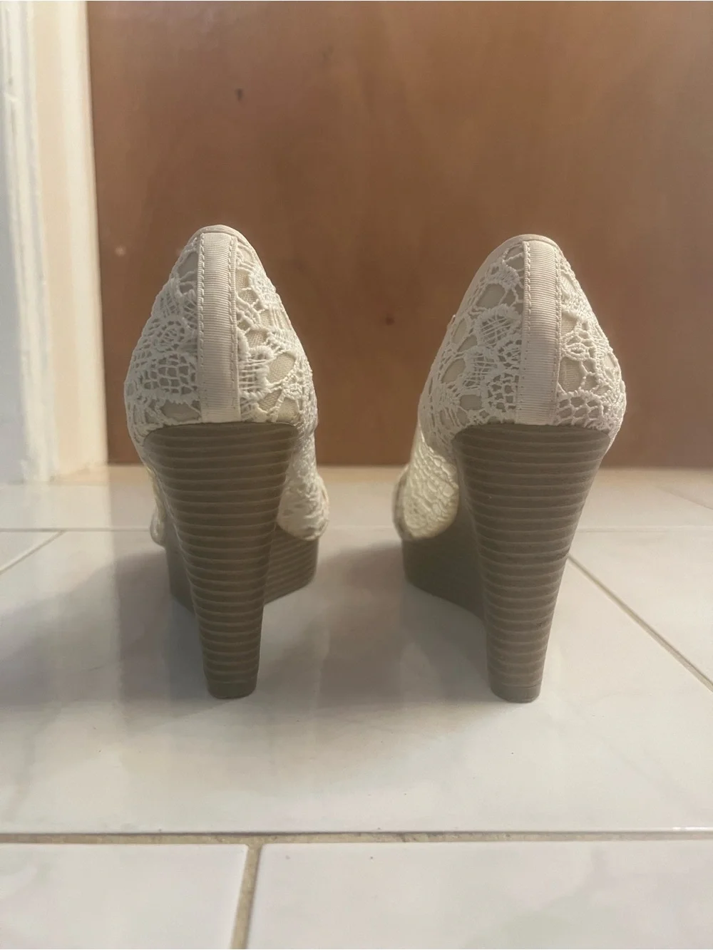 American Eagle Outfitters Women’s Cream Lace Peep-Toe Wedges with Bow Accent